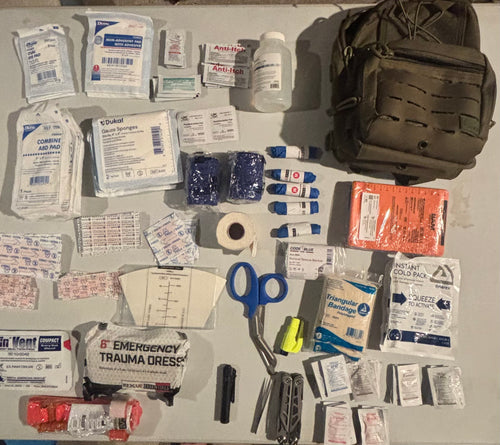 Contents of a comprehensive trauma and first aid kit designed and assembled by Bastion Medical  Solutions