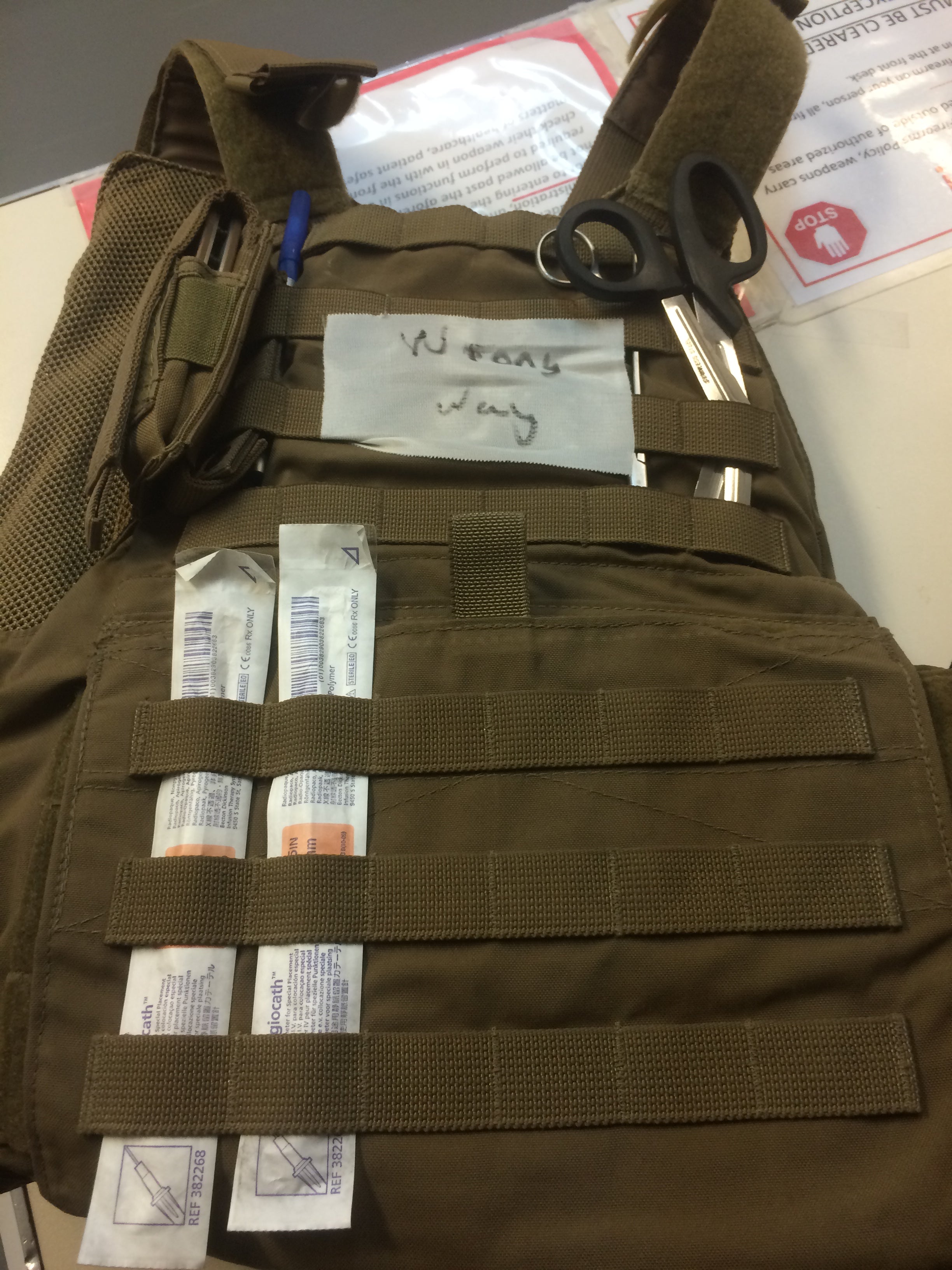 Protective vest with medical equipment worn in Iraq during Department of State contract.